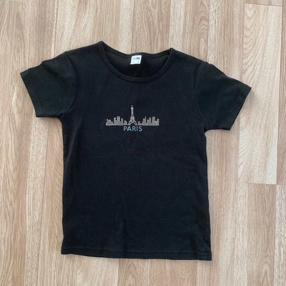 100% Cotton Black T-Shirt – Paris Sequin & Rhinestone Design